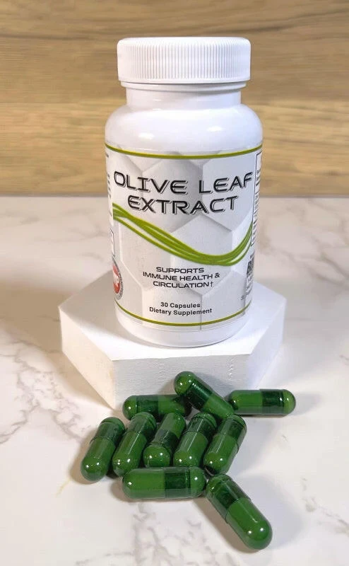 Olive Leaf Extract supplement bottle with green capsules