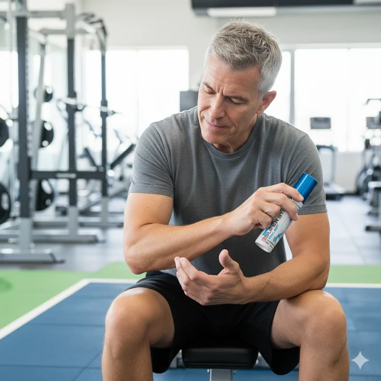 Man in gym applying Super Strong Relief topical pain relief